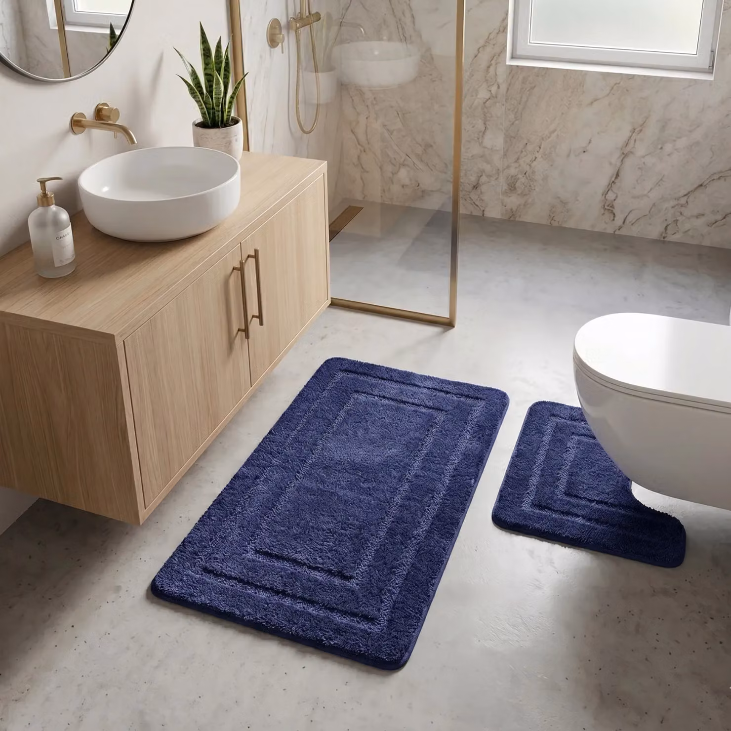Allure Bath Fashions Two Piece Non-Slip Microfibre Bath and Pedestal Mat Set in Blue – 7