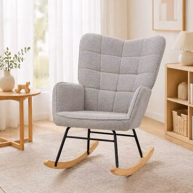 STILVORA Grey Bouclé Rocking Armchair with Solid Wood Base and Armrests, W/D/H: 71 x 101 x 120 cm