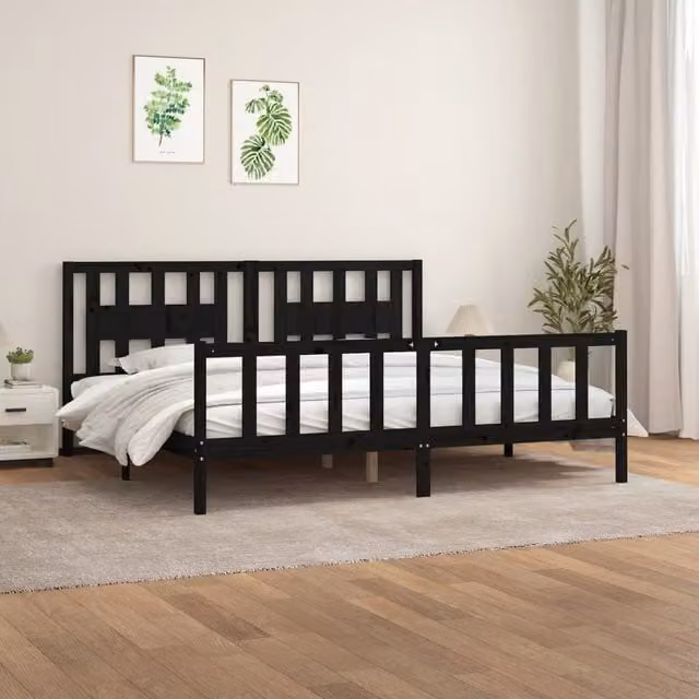 Berkfield Home Black Solid Wood Pine Bed Frame with Headboard W/D/H: 200 x 200 cm