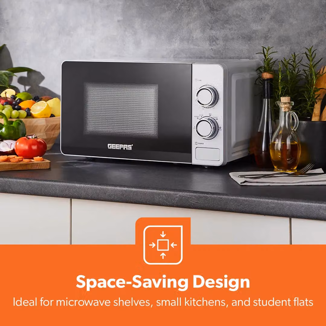 Geepas 20L Solo Microwave Oven with 700W Power and Timer in White – 8