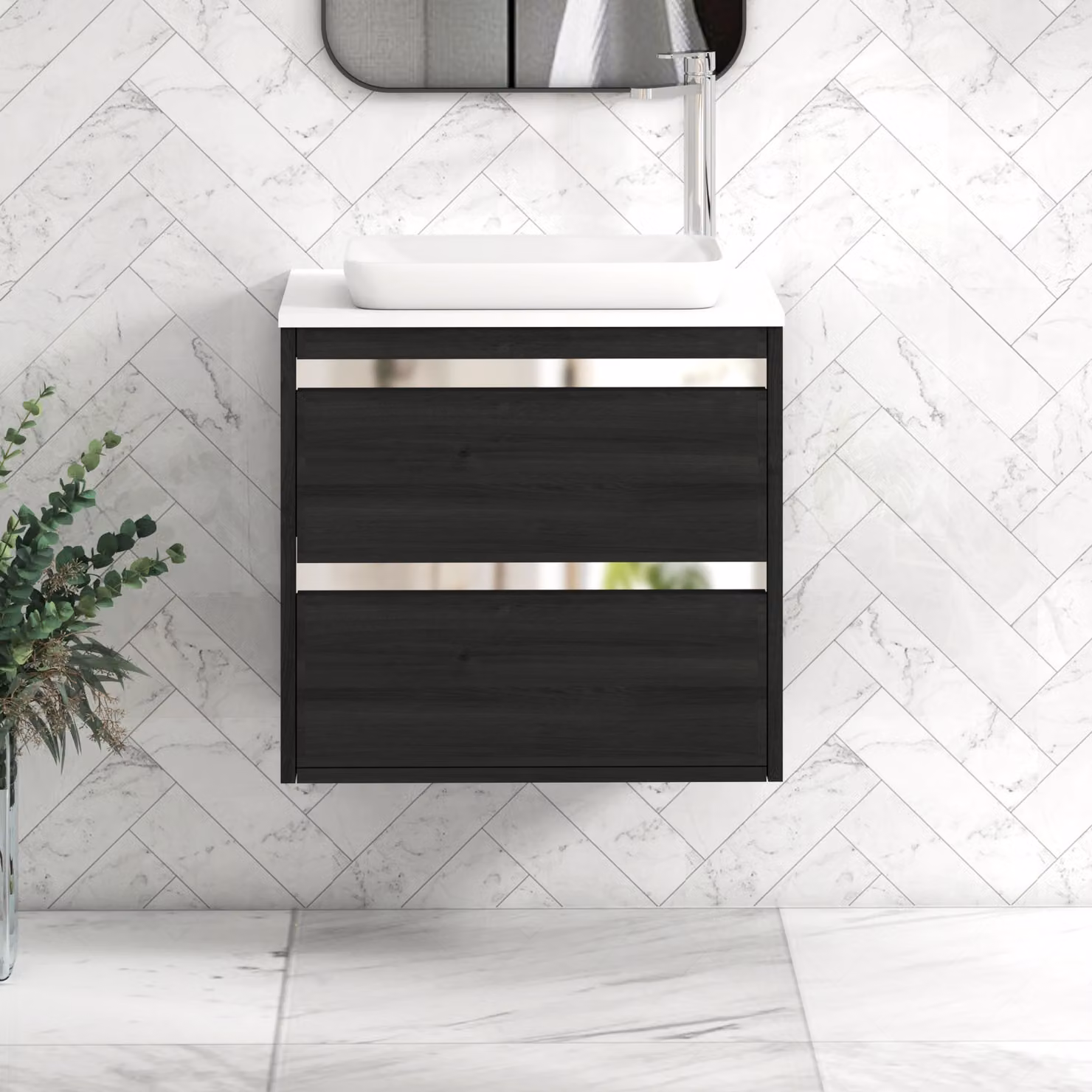 Royal Bathrooms Orion 600mm Hale Black Wall Hung Vanity Unit with Qubix Basin and 2 Drawers in Plain White