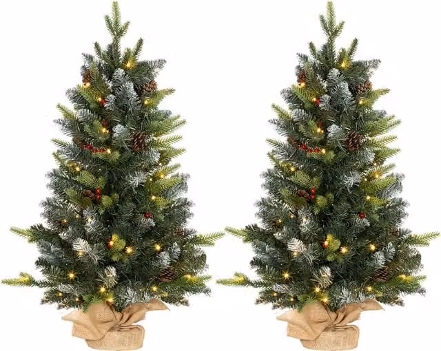 HOMCOM 2 Piece Green Tabletop Christmas Tree Set with Lights, Pine Cones and Red Berries, 3ft – 1