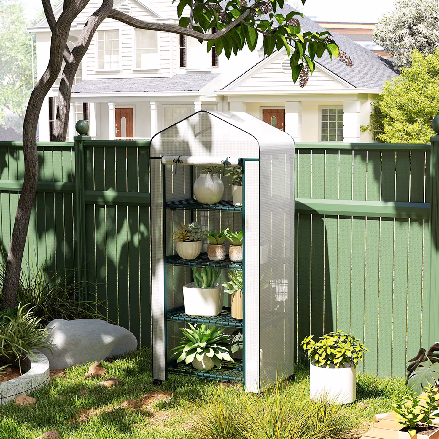 Outsunny 4 Tier Mini Portable Greenhouse with Metal Frame and PE Cover in White – 2