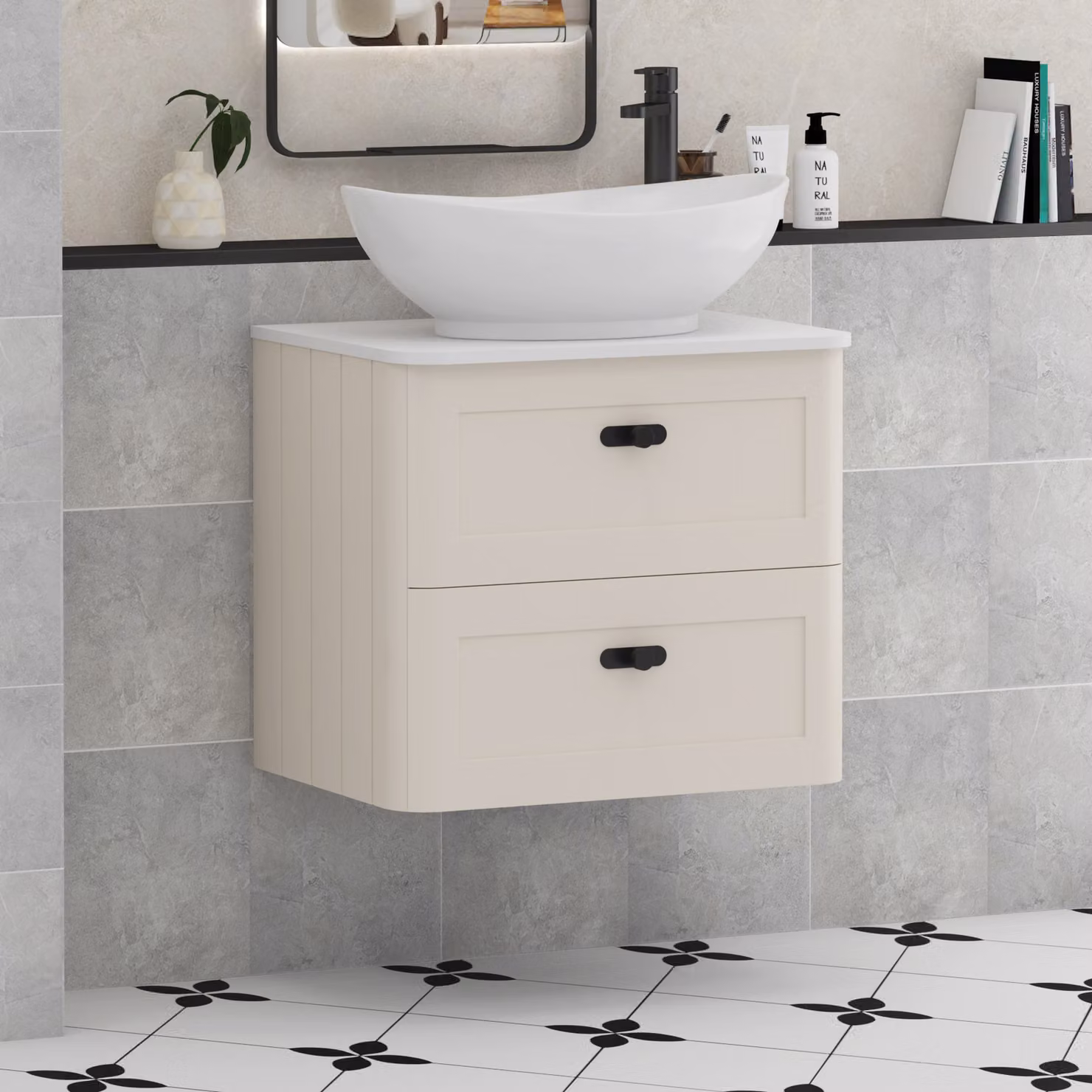 Royal Bathrooms Henley 600mm Wall Hung Vanity Unit in Mushroom Cashmere with 2 Drawers, Plain White Worktop, Amaze Basin and Matt Black Knob