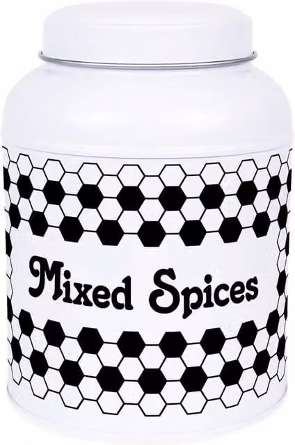 Purely Home Hexagon Tiles Snacks Canister with Small Domed Lid, Black and White Geometric Metal Kitchen Storage Jar, 110g
