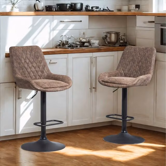 Furnold Set of 2 Modern Swivel Bar Stools in Brown Faux Leather with Footrest
