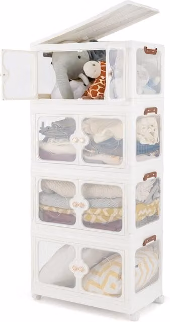 Costway 212L Stackable and Foldable Plastic Storage Bins with Lid and Handles, White and Transparent