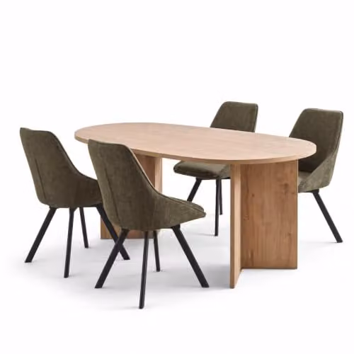 FWStyle 5 Piece Oak Dining Set with Brown Table and 4 Green Swivel Chairs, W: 180 cm, D: 90 cm, H: 75 cm – 3