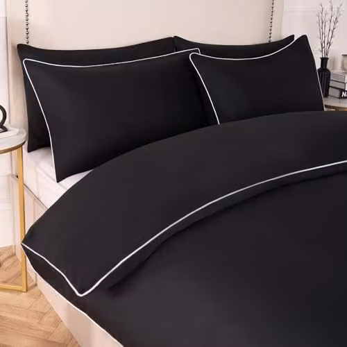 OHS King Size Piped Edge Duvet Cover Set with 2 Pillowcases, White and Black Microfibre Bedding – 1