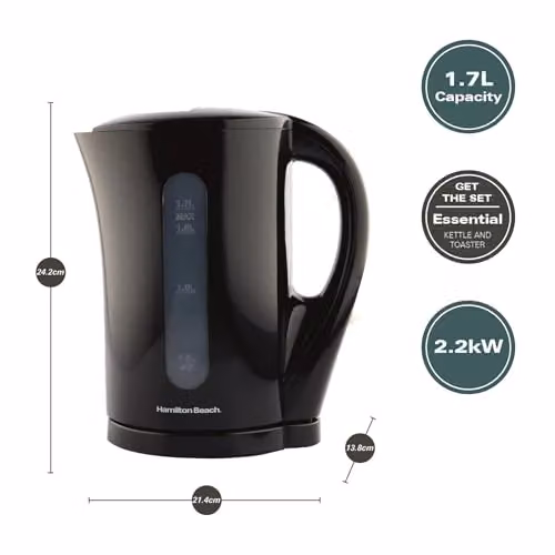 Hamilton Beach Essential Plastic Kettle with Auto Shut Off, Black, 1.7L – 3