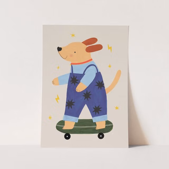Kid Of The Village Skater Pup Fine Art Paper Poster in Blue, Green and Yellow, W: 30 cm, H: 30 cm – 1