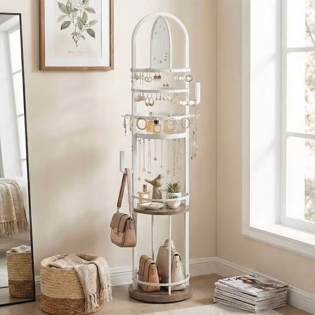 Costway Rotating Jewelry Organizer Stand and Storage Rack with Earring Holder in White and Multicolour – 1