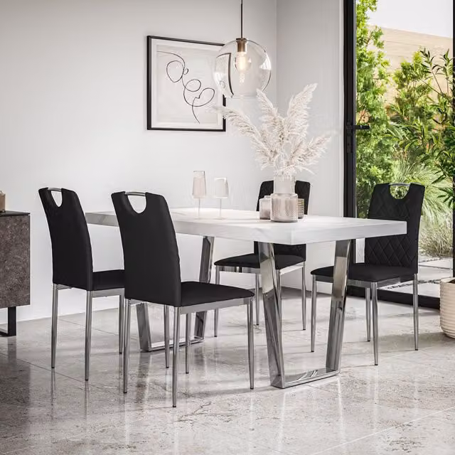 More4Homes Aria Dining Set with White Marble Effect Table and 6 Black Monza Faux Leather Chairs