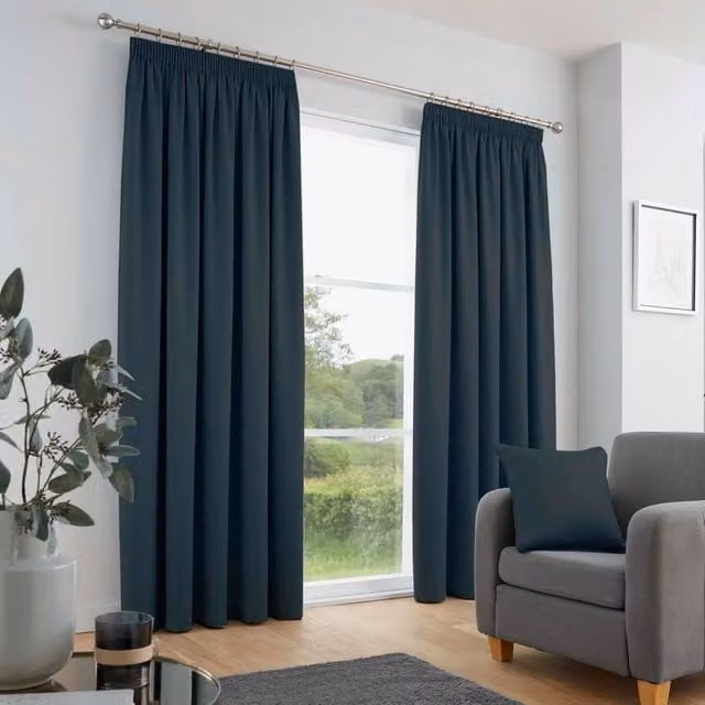 Terrys Fusion Galaxy Navy Blue Dimout Pencil Pleat Curtains with Star Pattern