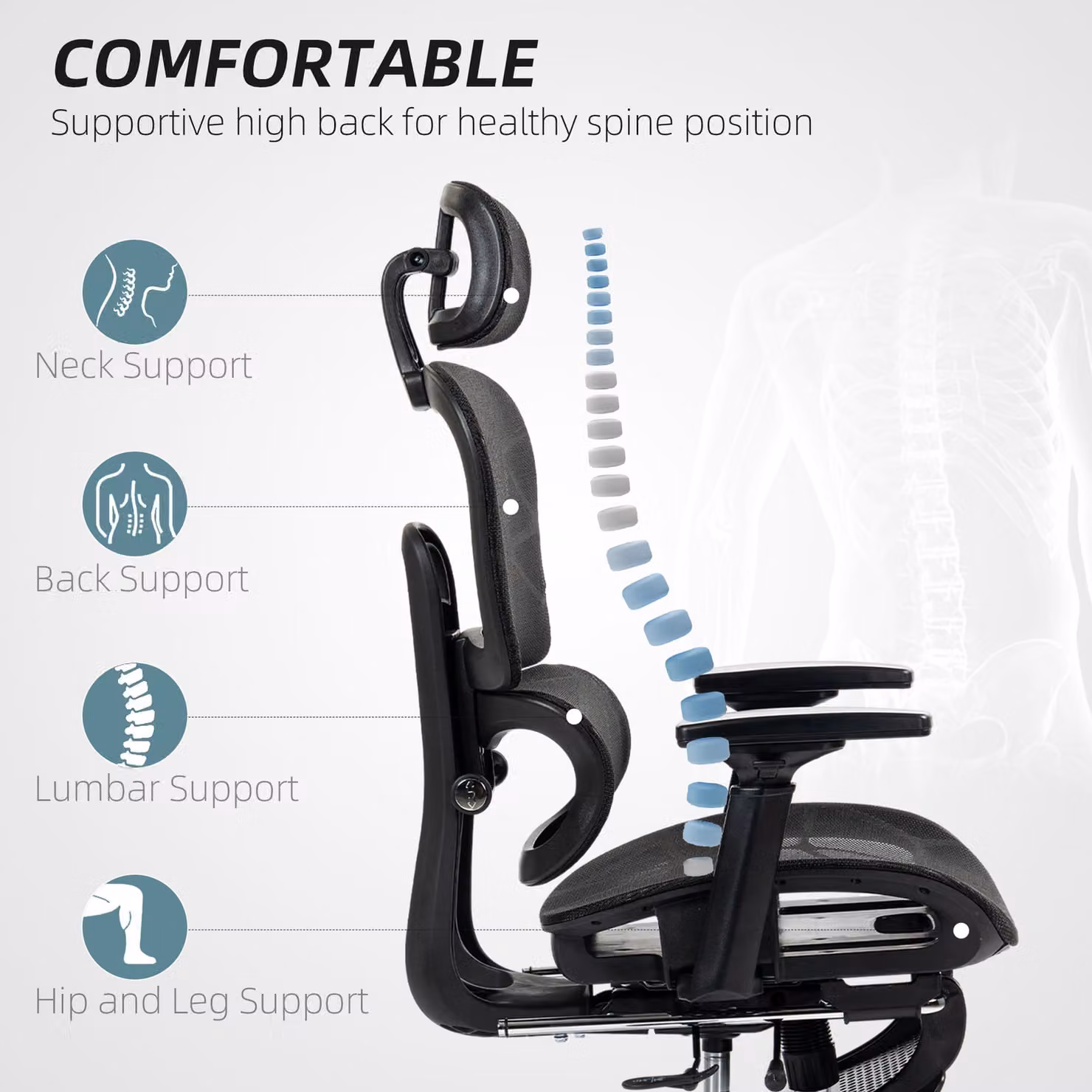 HOMCOM Black Fabric Executive Recliner Office Chair with Headrest, Armrests and Lumbar Support – 4