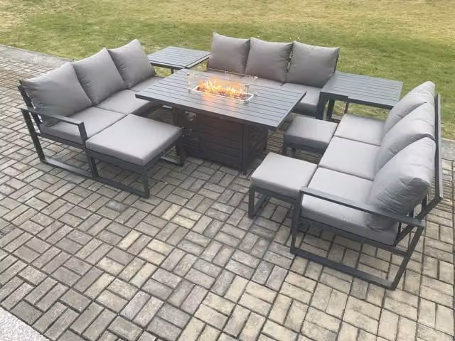 Fimous Aluminium Garden Furniture Set with Gas Fire Pit Dining Table, 3 Footstools and 2 Side Tables in Dark Grey