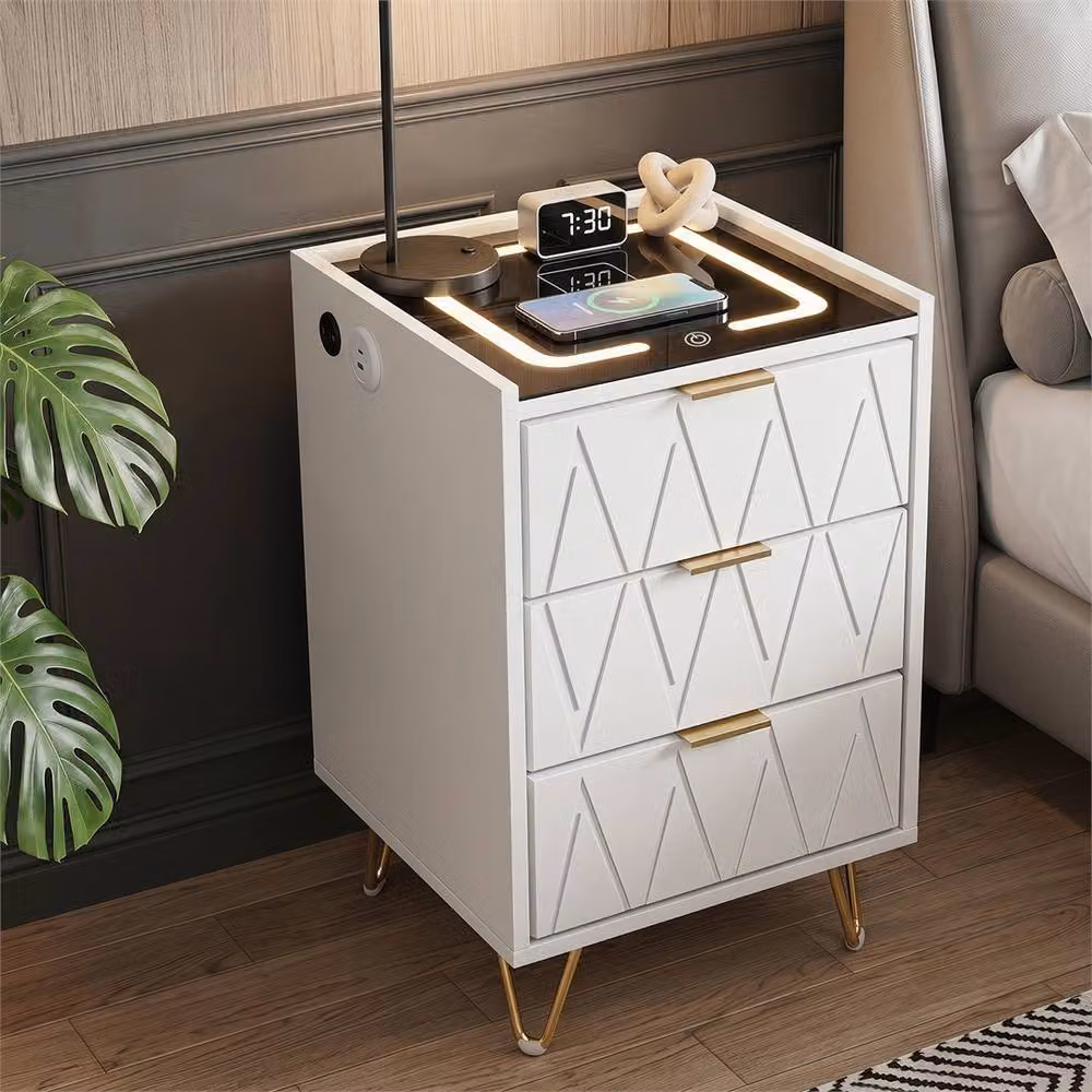 SPETLEK Modern White Glossy LED Bedside Table with Drawers and Integrated Lighting – 4