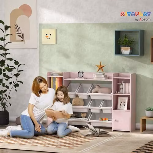 AIYAPLAY Kids Bookshelf and Toy Storage Organiser with 8 Removable Bins, Pink, H 140 x W 90 x D 30 cm – 2