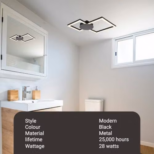 Cosylyte Miles Modern Square LED Ceiling Light, Matt Black, IP44, 3000K Neutral White, 2100lm, W: 44 cm, D: 44 cm, H: 5 cm – 3