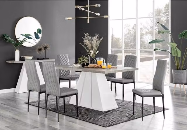 FurnitureboxUK Athens Grey Concrete Dining Table and 6 Milan Black Faux Leather Chairs Set