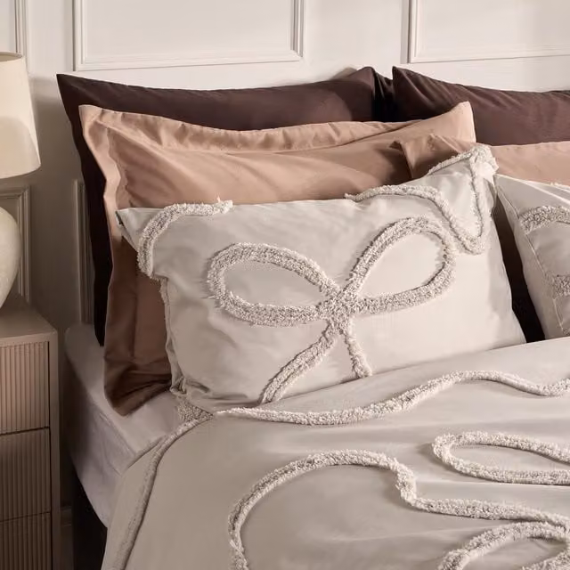 OHS Bows Tufted Duvet Cover and Pillowcase Set in Beige and Grey, W/D/H: 200 x 220 cm and 140 x 200 cm