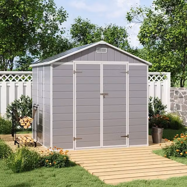 Komore Apex Gable Roof Garden Tool Shed Patio Storage House in Grey, W/D/H: 230 x 200 x 226.5 cm