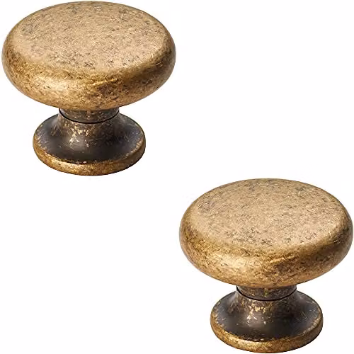 Loops 2 Pack Flat Faced Round Door Knobs in Antique Brass, Diameter: 34 mm – 1