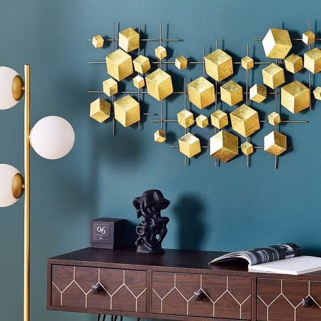 Wyld and Coco Gold Geometric Metal Wall Sculpture with Abstract Square Cube Design