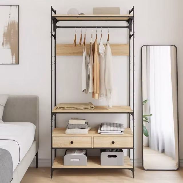 Berkfield Home Sonoma Oak Wardrobe with Integrated Drawers in Brown, W/D/H: 89 x 39 x 184.5 cm