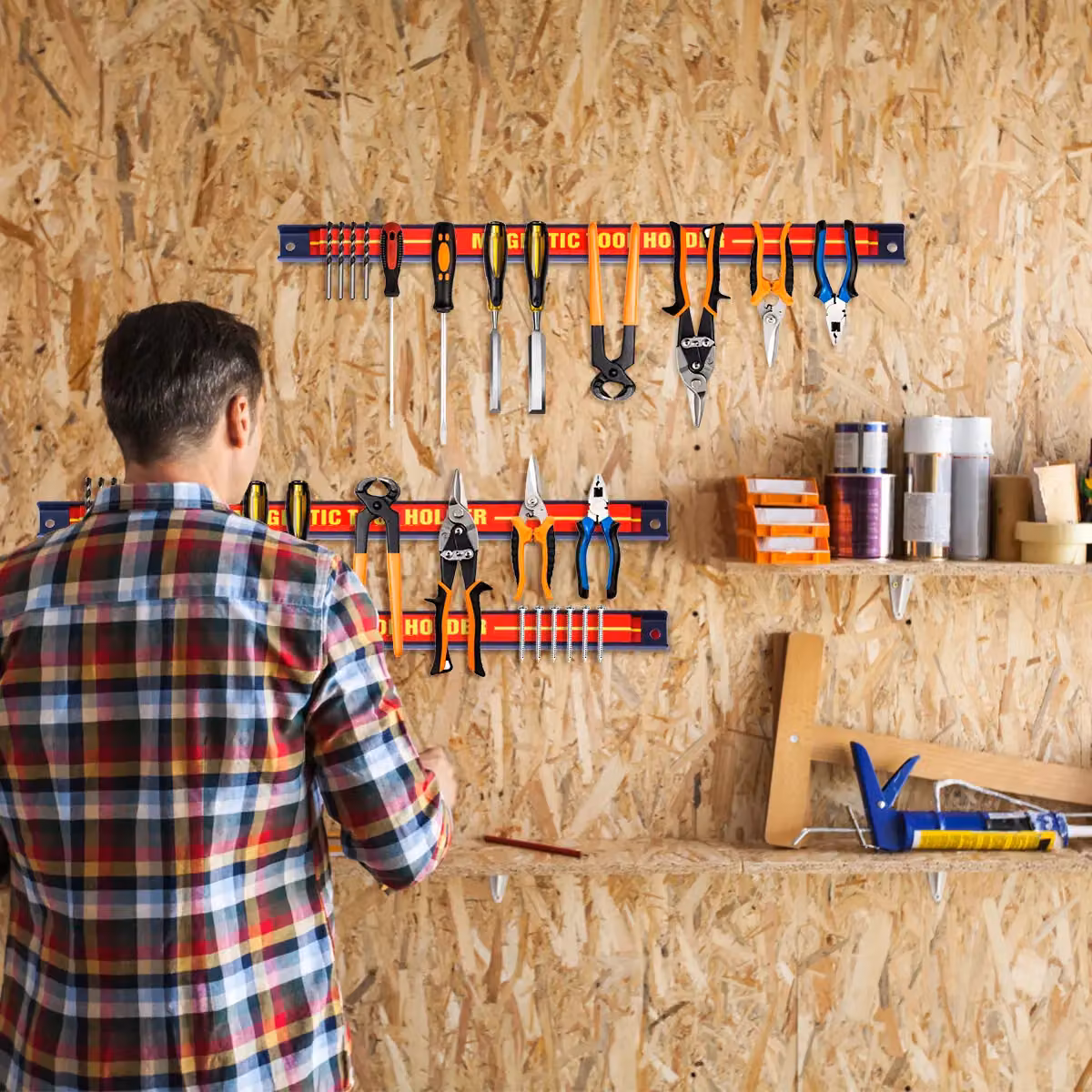 Costway Set of 3 Magnetic Tool Strip Holders, Red Wall Mounted Steel Garage Rail and Bits Storage Rack – 2