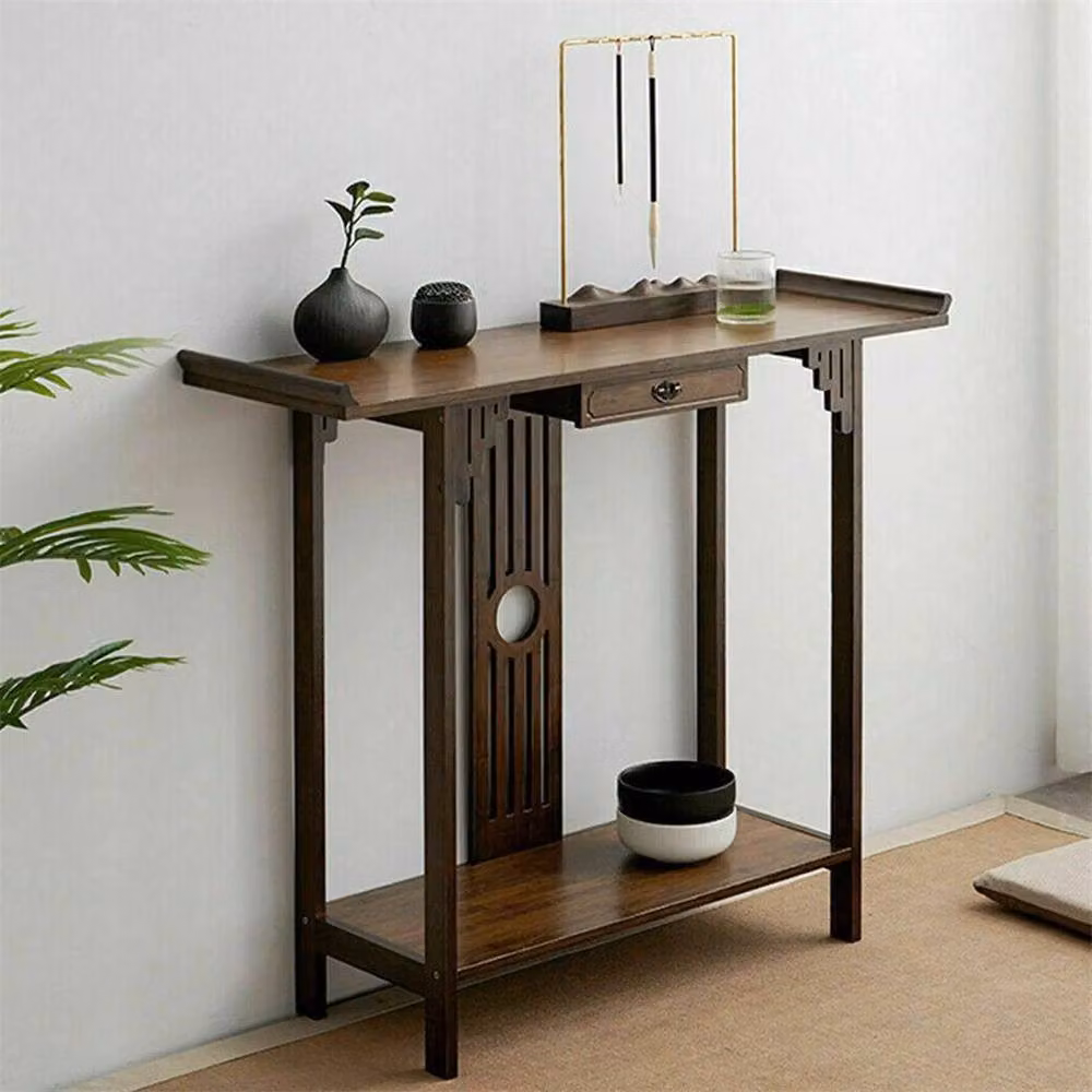 UNHO Kelvenix Narrow Rectangular Hallway Console Table in Brown Walnut and Bamboo – 3