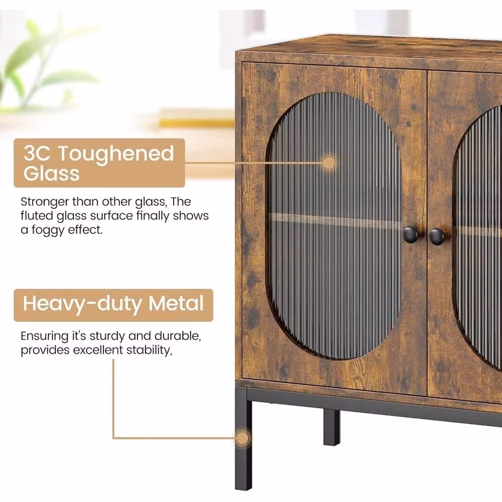 VOGREX Brown Boho Rattan and Wood Freestanding Sideboard Storage Cabinet for Kitchens – 3