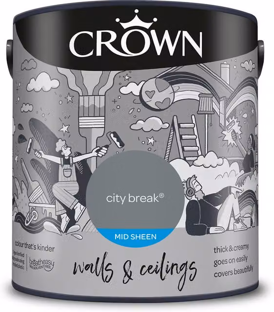 Crown Walls and Ceilings Mid Sheen Emulsion City Break Grey 2.5l