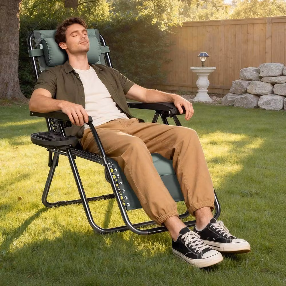 MCC Direct Set of 2 Zero Gravity Reclining Padded Garden Sun Loungers in Green Oxford Fabric – 6