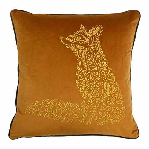 Furn Forest Fauna Embroidered Woodland Fox Velvet Cushion in Orange and Gold, W/D/H: 50 x 50 x 50 cm