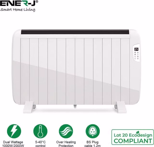 EnerJ Smart 2000W Ceramic Fan Heater with App Control and Overheat Protection, White