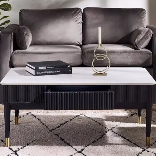 Julian Bowen Louis Fluted 2 Drawer Coffee Table with Marble Top and Ash Wood in Black, White and Gold, W: 110 cm, D: 65 cm, H: 47 cm