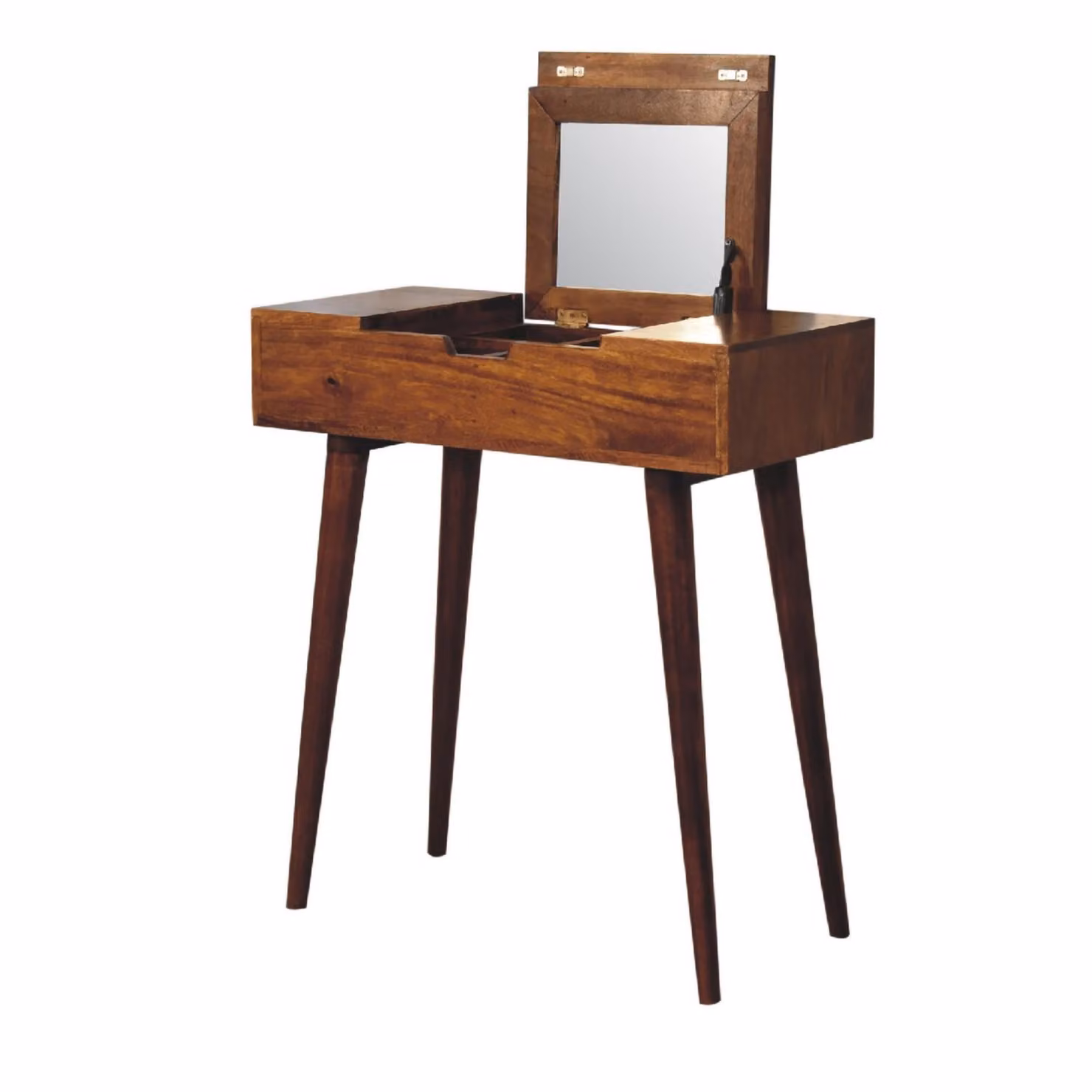 Aosom UK Handcrafted Solid Mango Wood Mini Folding Vanity Desk with Single Drawer and Folding Mirror, Brown, D: 35 cm, W: 70 cm, H: 78 cm – 4