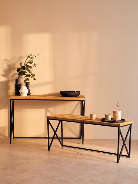 Orsina Modern Rectangular Console Table with Natural Parquet Wood Top in Black, Sand and Brown, W/D/H: 120 x 40 x 74 cm – 1