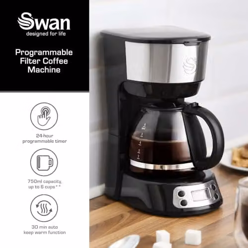 Swan Programmable Filter Coffee Machine with Digital Timer and Glass Jug, Black, 0.75 l – 8