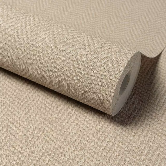 Grandeco Antiga Geometric Herringbone Chevron Weave Textured Wallpaper in Taupe and Beige