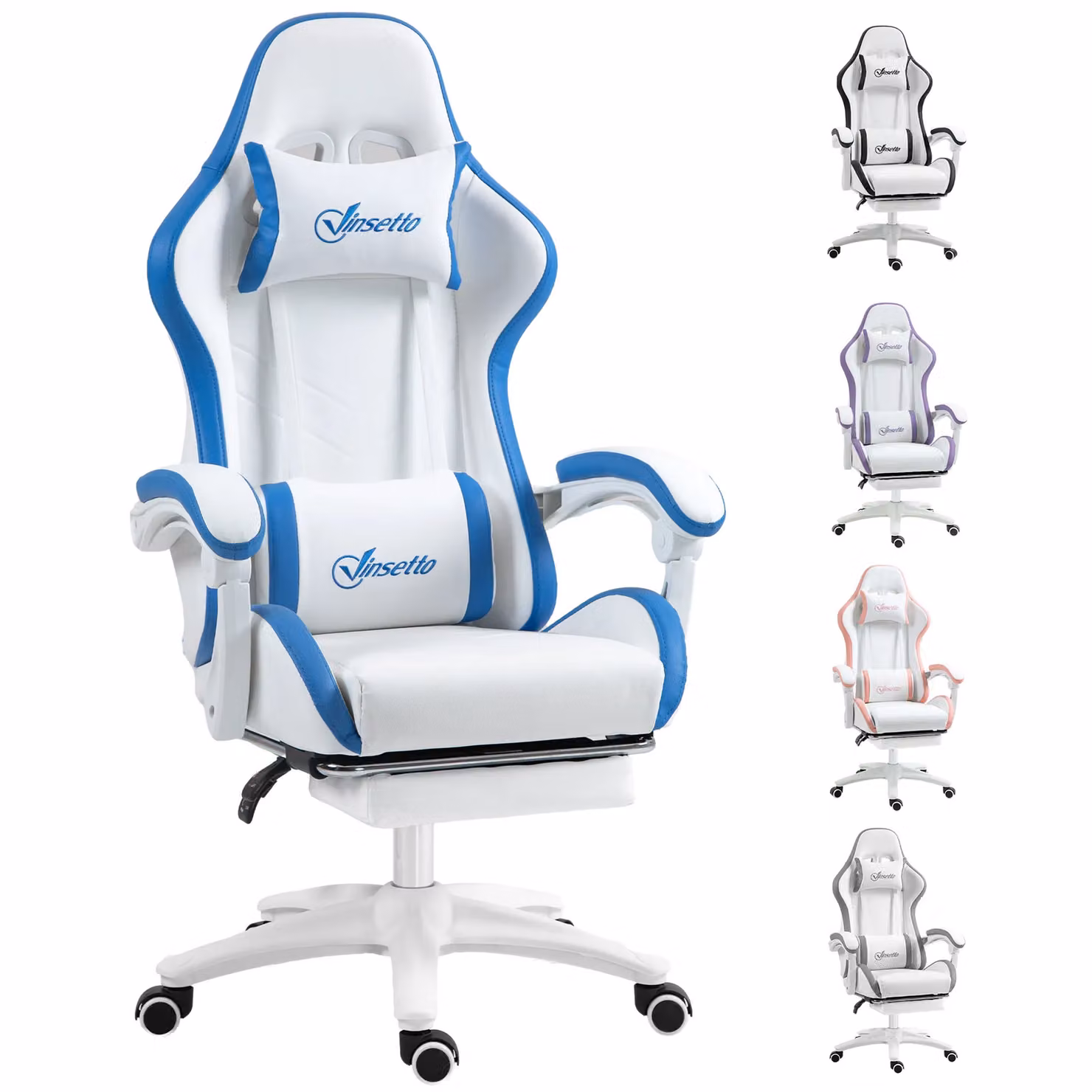 VINSETTO Racing Style Gaming Chair in White with Reclining Function, Footrest and PU Leather – 2