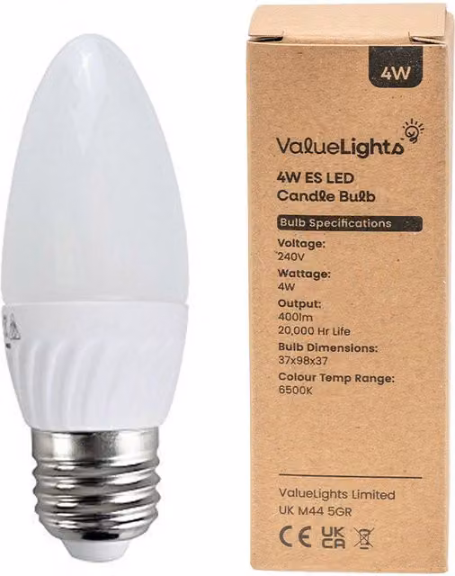 ValueLights 6 Pack E27 White Thermal Plastic Candle LED Bulbs, 4W, Cool White 6500K, 400lm