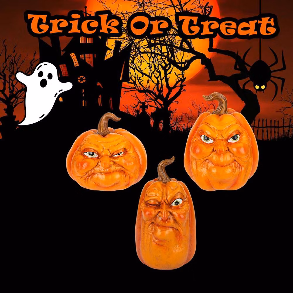 VFM e-Store Halloween Grumpkins Grumpy Pumpkin Tabletop Decorations, 3 Pack, Orange – 3
