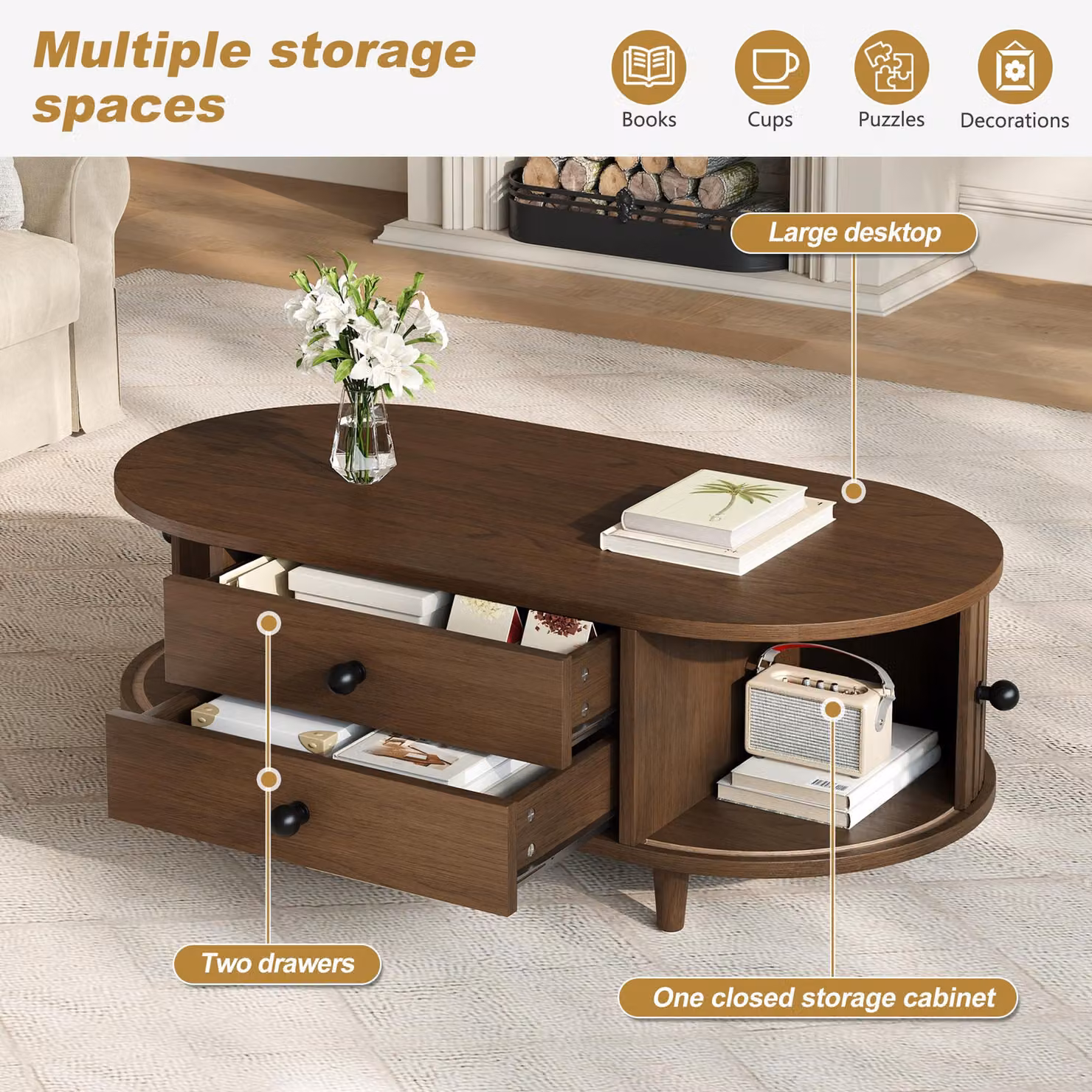 Aosom UK Oval Coffee Table with Sliding Roll-Top Doors and Two Drawers, Walnut Brown, W: 100 cm, D: 50 cm, H: 36 cm – 5