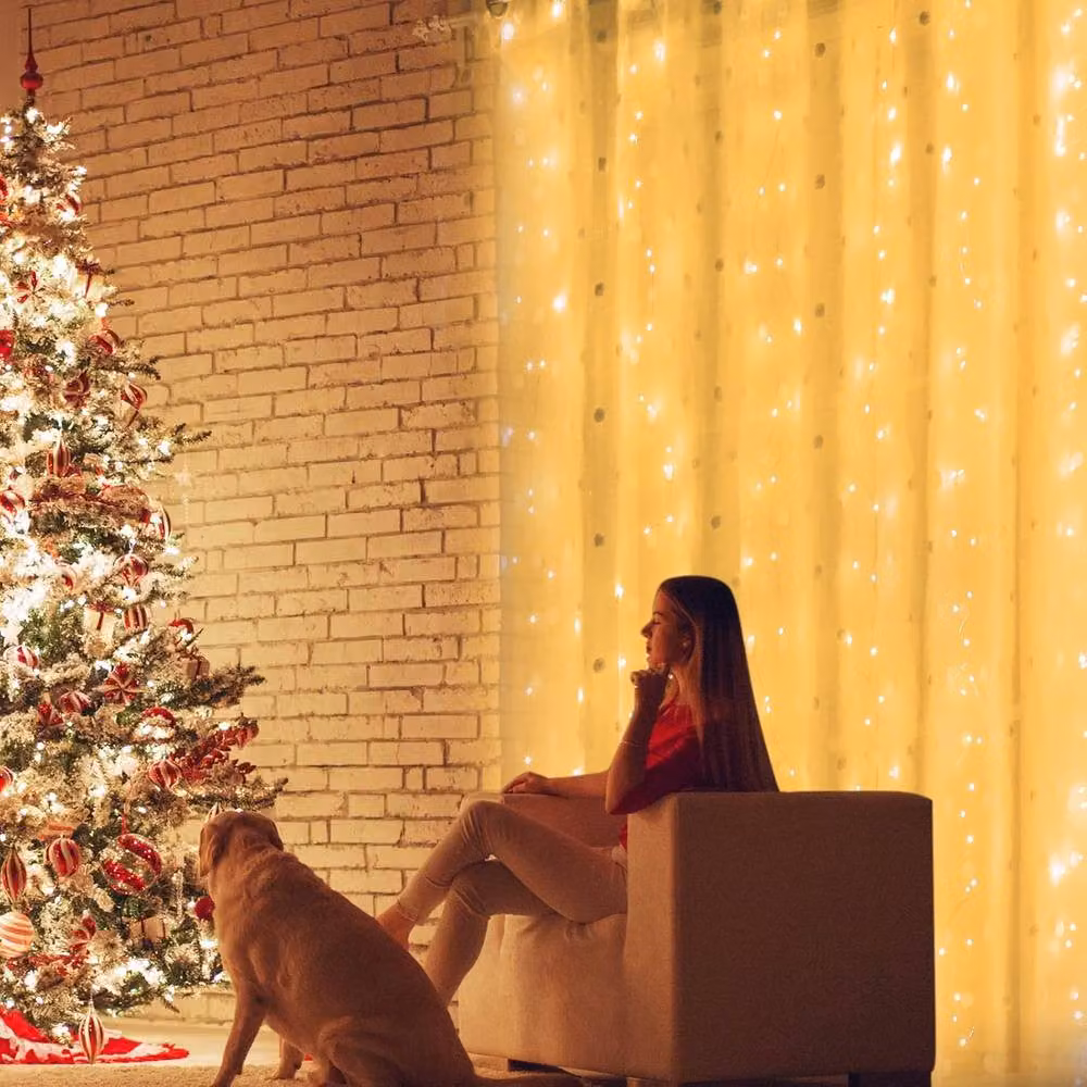 Garwarm White LED Curtain Fairy Lights with 300 LEDs, Remote Control, Timer and Dimmable Settings, W/H: 3 x 3 m – 7