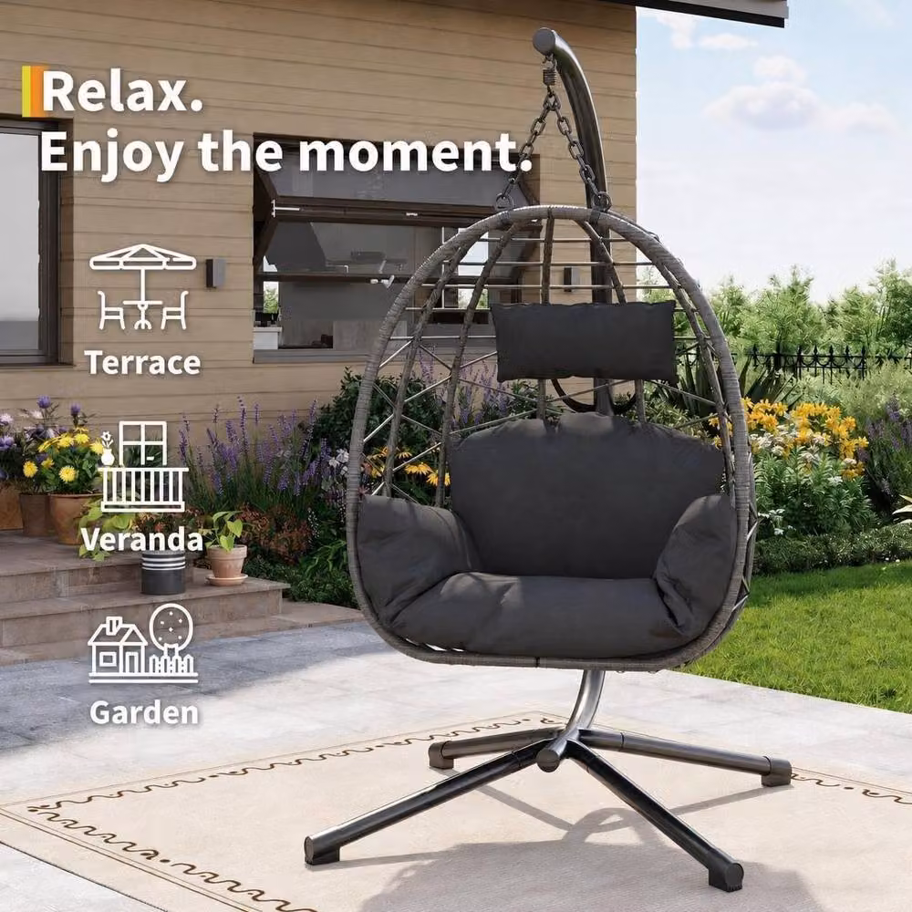 London Boutique Hanging Egg Chair with Stand, Cushions and Rain Cover in Grey – 3