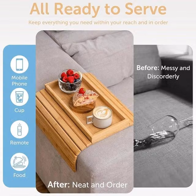FLAVORA Natural Bamboo Wood Sofa Arm Rest Storage Organiser Tray in Brown, Large – 1