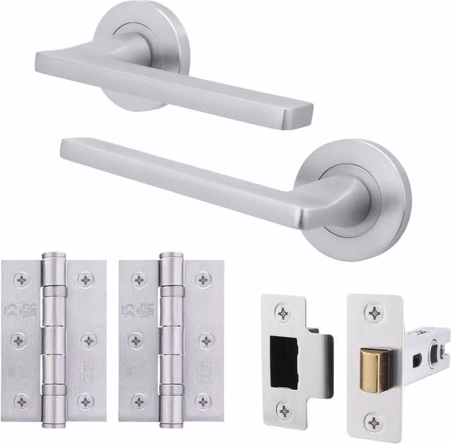 AFIT Satin Chrome Door Handle Latch Set with Hinges in Silver, Aluminium W/D/H: 15.0 x 15.0 x 15.0 cm – 1