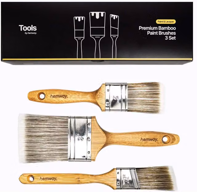 Hemway Premium Bamboo Paint Brush Set of 3 with Non-Slip Wood Grip in Brown